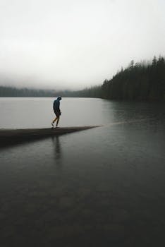 A lone person walks along a misty lake edge surrounded by a forest, evoking solitude.