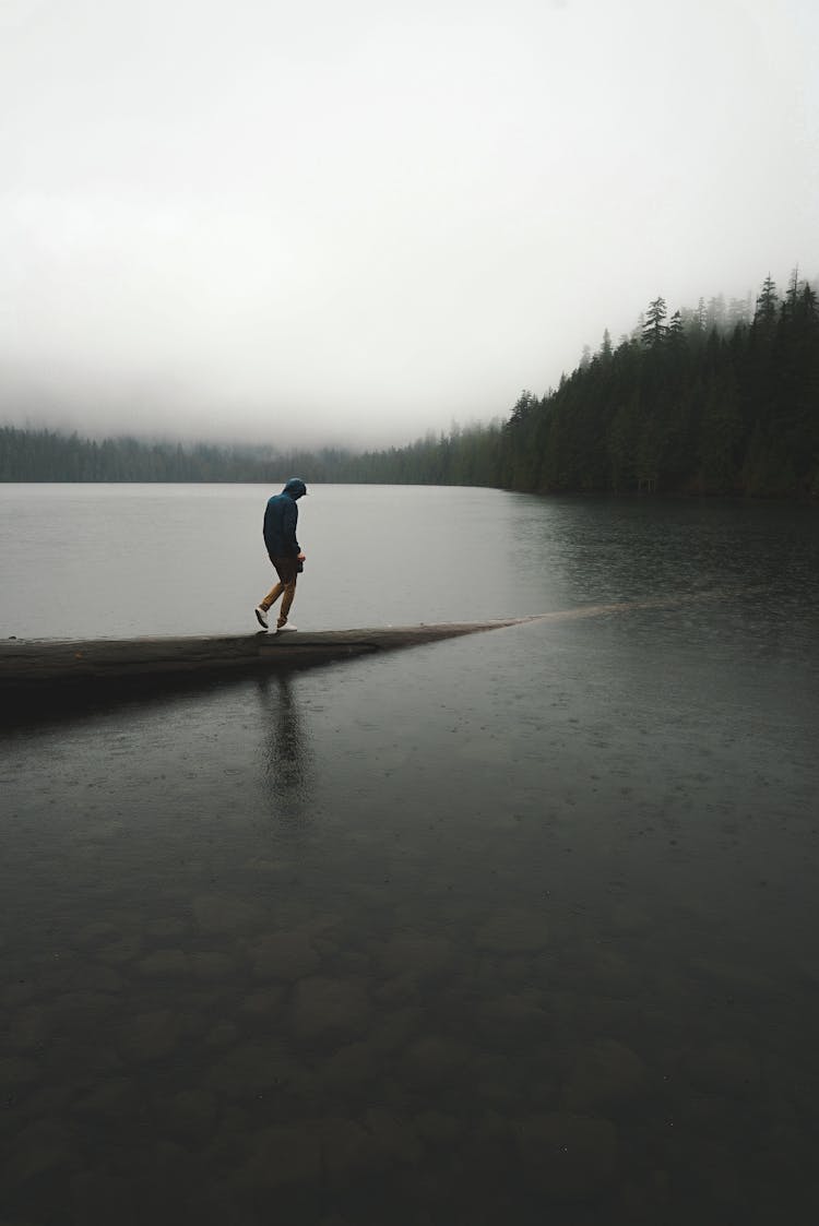 Lonely Person Walking On Shore In Fog