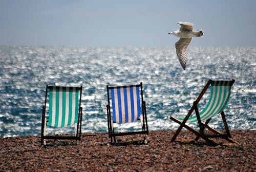 3 Cadeiras De Praia Verdes E Azuis Na Costa Do Mar De Brown