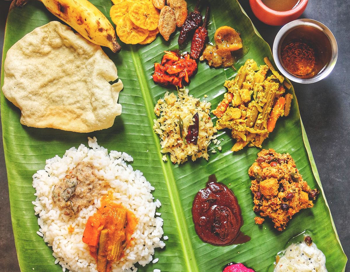 Kerala-style sadya feast served on a banana leaf