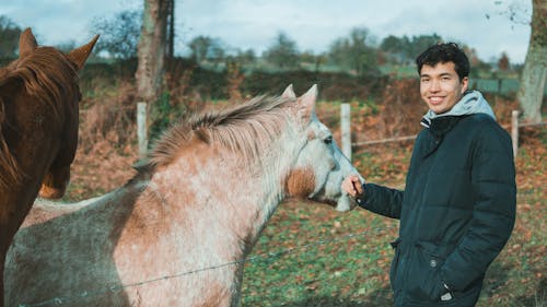 Free A Man in Black Jacket Standing Beside Brown Horse Stock Photo