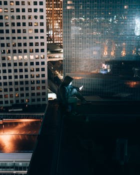 A person with a hoodie sitting on a rooftop at night in Minneapolis, using a cellphone.