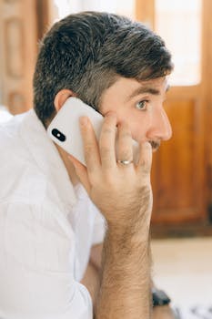 Side view of a caucasian man in white shirt talking on smartphone indoors.