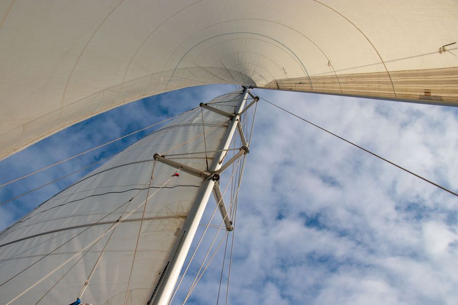 Breathtaking 3hr Luxury Private Sailing Catamaran in Waikiki for 1 to 6 People Review 2026 - A dynamic low-angle shot capturing the sails of a sailboat under a clear blue sky.