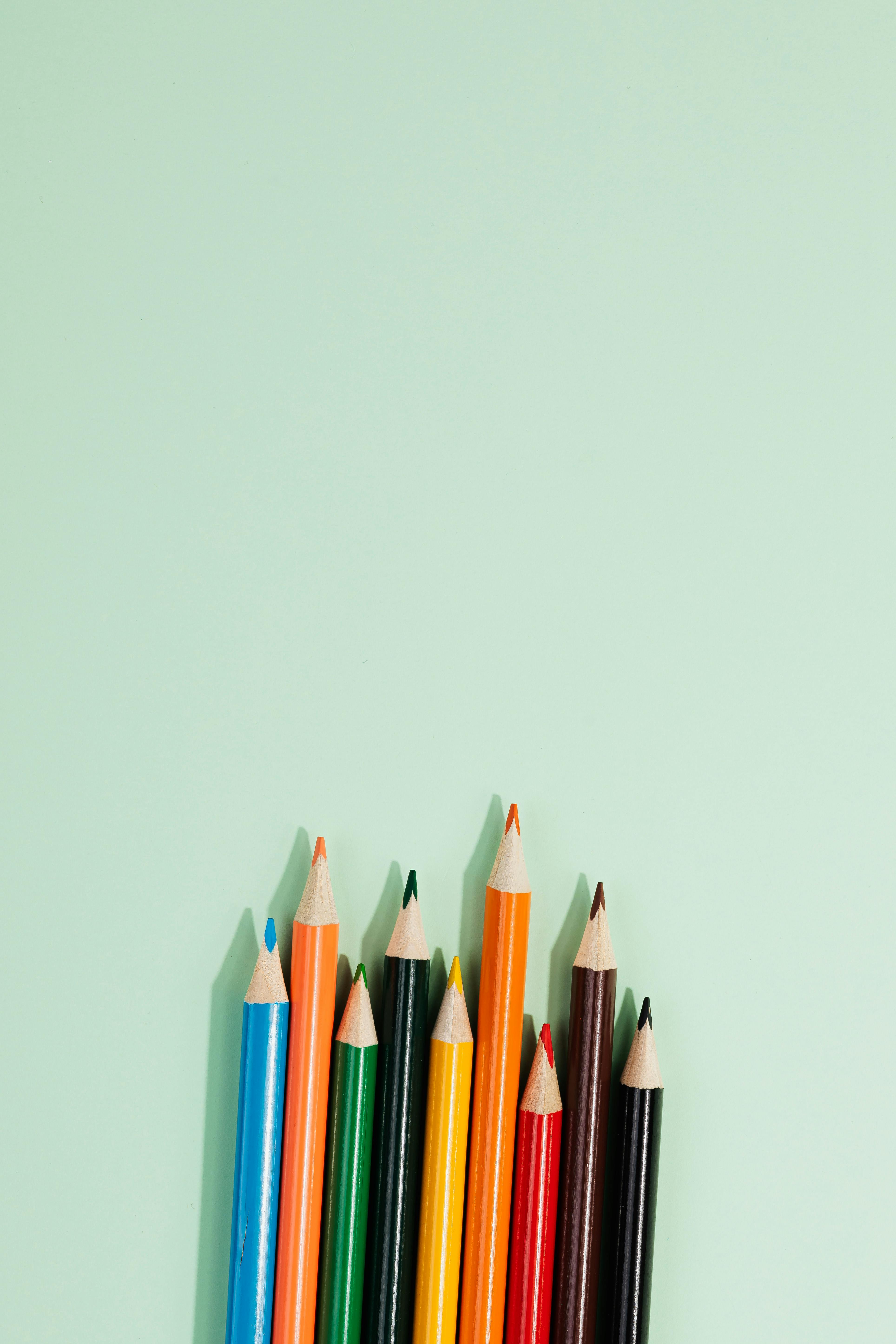 Multi Colored Pencils on Light Green Background · Free Stock Photo