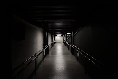 Grayscale Photo of a Dark Hallway 