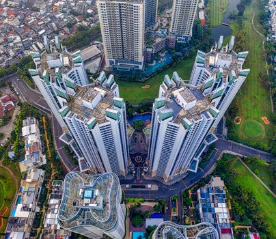 Stunning drone capture of Jakarta's skyscrapers showcasing urban architecture.
