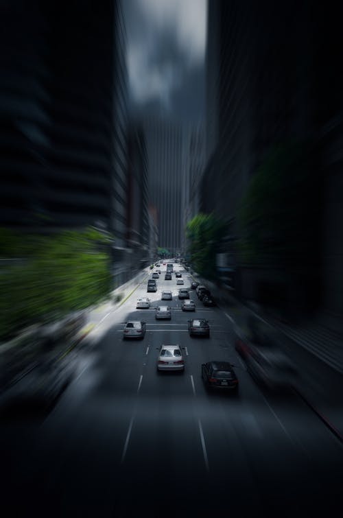 Cars on Road in Between High Rise Buildings