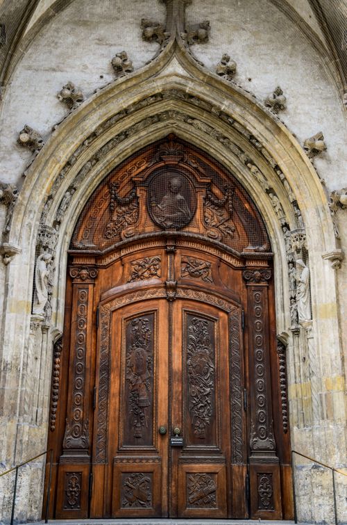 Free Ornate wooden gothic doorway at Munich Cathedral, Germany Stock Photo