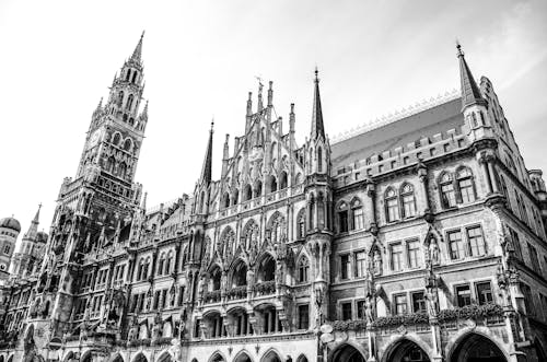 Grayscale Photo of the New Town Hall Building in Munich Germany