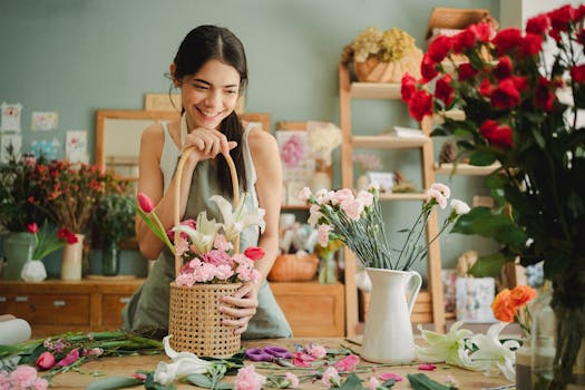 A cheerful florist arranges fresh flowers in a woven basket inside her cozy floral shop.