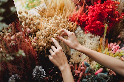 Урожай безликая женщина собирает цветы из различных декоративных элементов букета