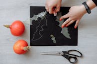 用剪刀和南瓜在黑纸上制作万圣节蝙蝠装饰品