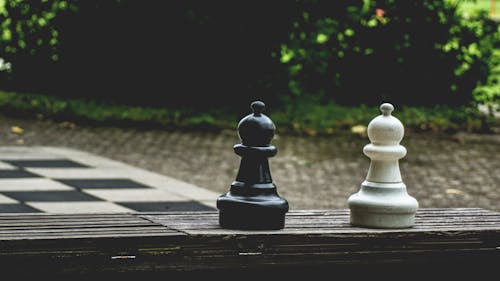 Two Black and White Poon Chess on Brown Surface