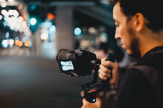Cinematic nighttime urban shoot with a male photographer using a stabilized camera setup.