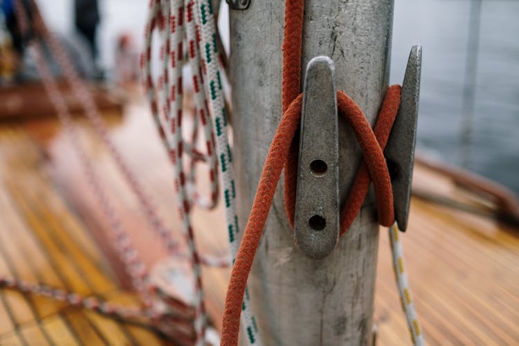 Close Up Of Rope On Post On Sailboat