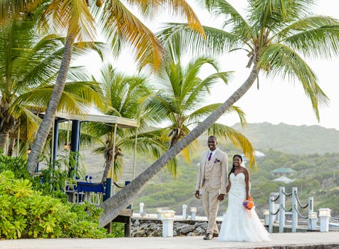 A joyful couple in wedding attire amidst palm trees at St. Paul, Antigua pier. Perfect for tropical wedding themes.