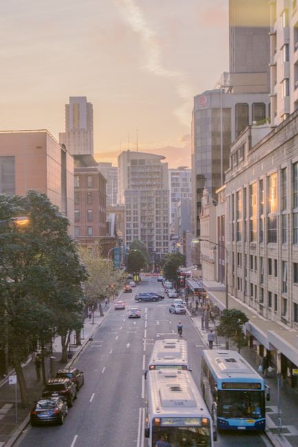 Vibrant city street in Sydney at sunset, showcasing urban traffic and skyline.