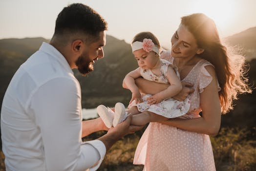 A joyful family with parents holding their baby daughter during a beautiful sunset outdoors.