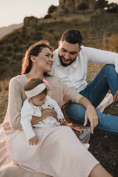 A joyful family spending quality time together in nature during sunset.