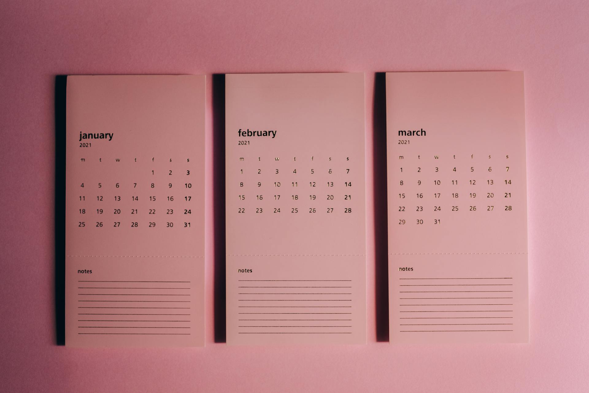 Set of monthly calendars with weekly dates