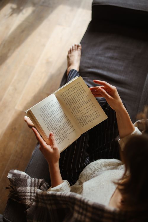 Free A woman enjoys reading a book while relaxing indoors on a cozy sofa. Stock Photo