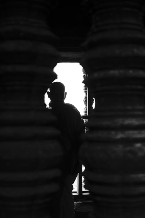 Black and white silhouette of monk standing in Buddhist temple near stone columns