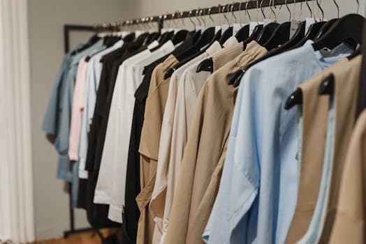 Stylish clothes hanging on a rack, showcasing a variety of elegant fashion pieces.