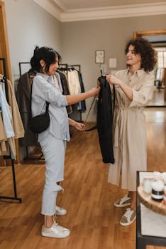 Women enjoying a shopping experience in a boutique, trying on clothes and smiling.