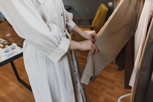 A woman examining clothing inside a store, highlighting fashion and style.