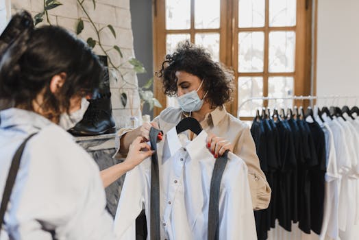 Two women wearing face masks shopping for shirts in a boutique clothing store.