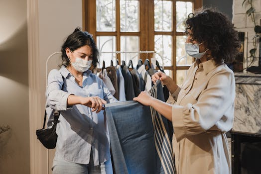 Two women in masks shopping for clothes indoors in a boutique setting.