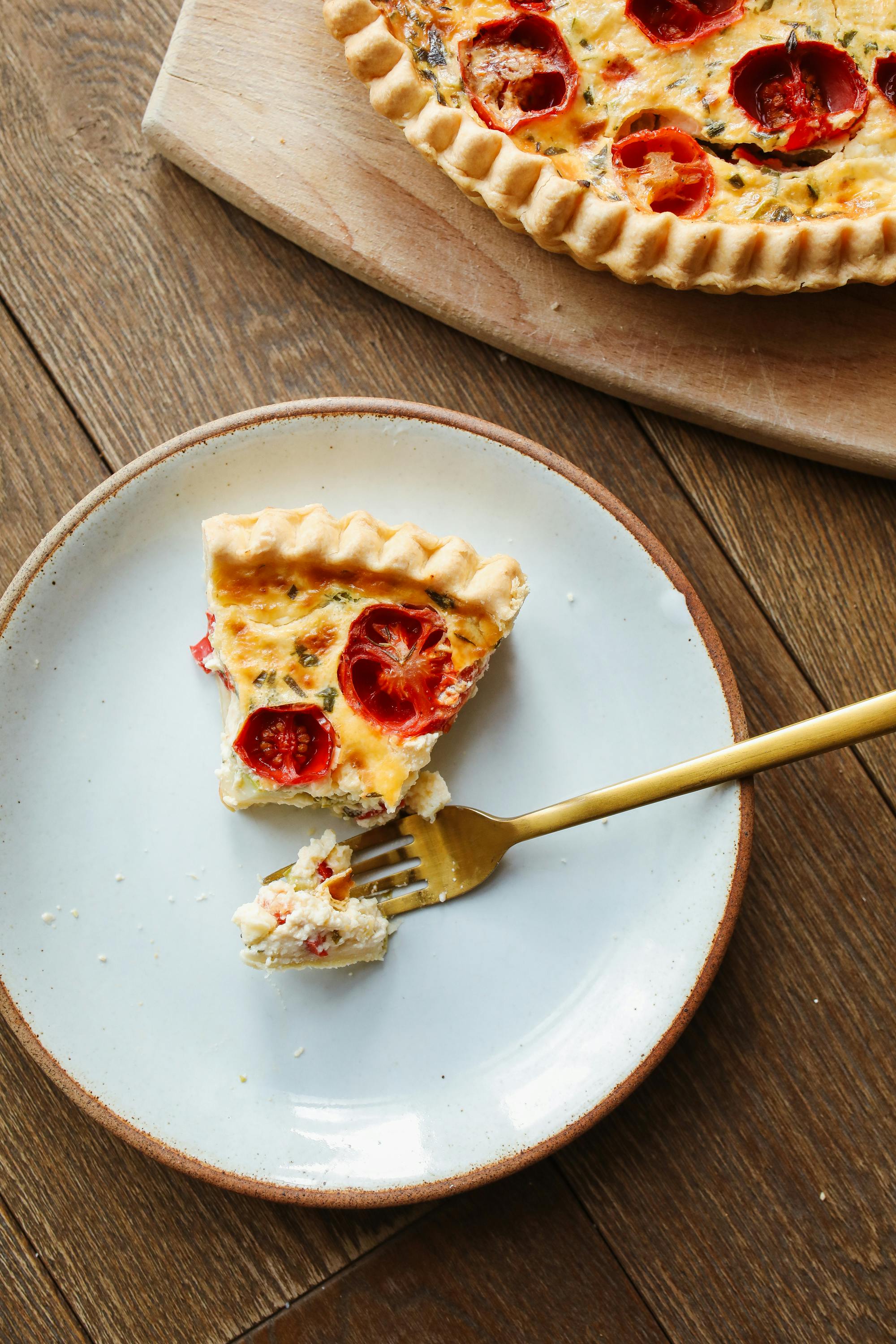 overhead shot of a slice of tomato pie