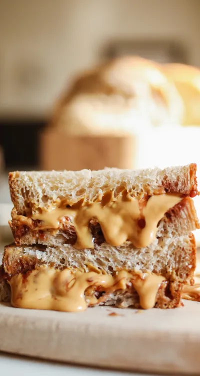Close-up of a peanut butter sandwich slice on rustic bread