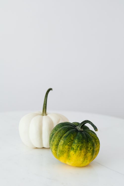 Free Simple composition of white and green-yellow pumpkins on a white surface, perfect for autumn decor. Stock Photo