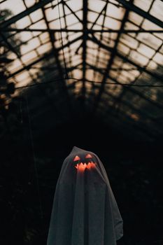 黑暗温室里一件发光的鬼服装营造出了幽灵般的万圣节气氛