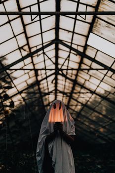 温室里举着灯笼的幽灵人物，非常适合万圣节主题
