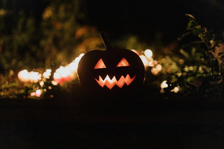 Illuminated Carved Pumpkin At Night 