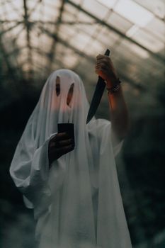 光线昏暗的温室里，那件拿着刀的幽灵服装令人毛骨悚然，非常适合万圣节主题