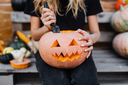 女人在长凳上雕刻南瓜灯，非常适合秋季庆祝活动