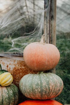 南瓜堆放在结着蜘蛛网的温室里，非常适合万圣节和秋季主题