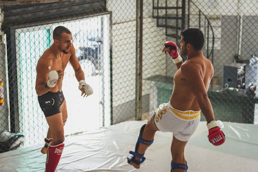 Two male fighters practicing mixed martial arts sparring in an indoor gym setting with gloves on.
