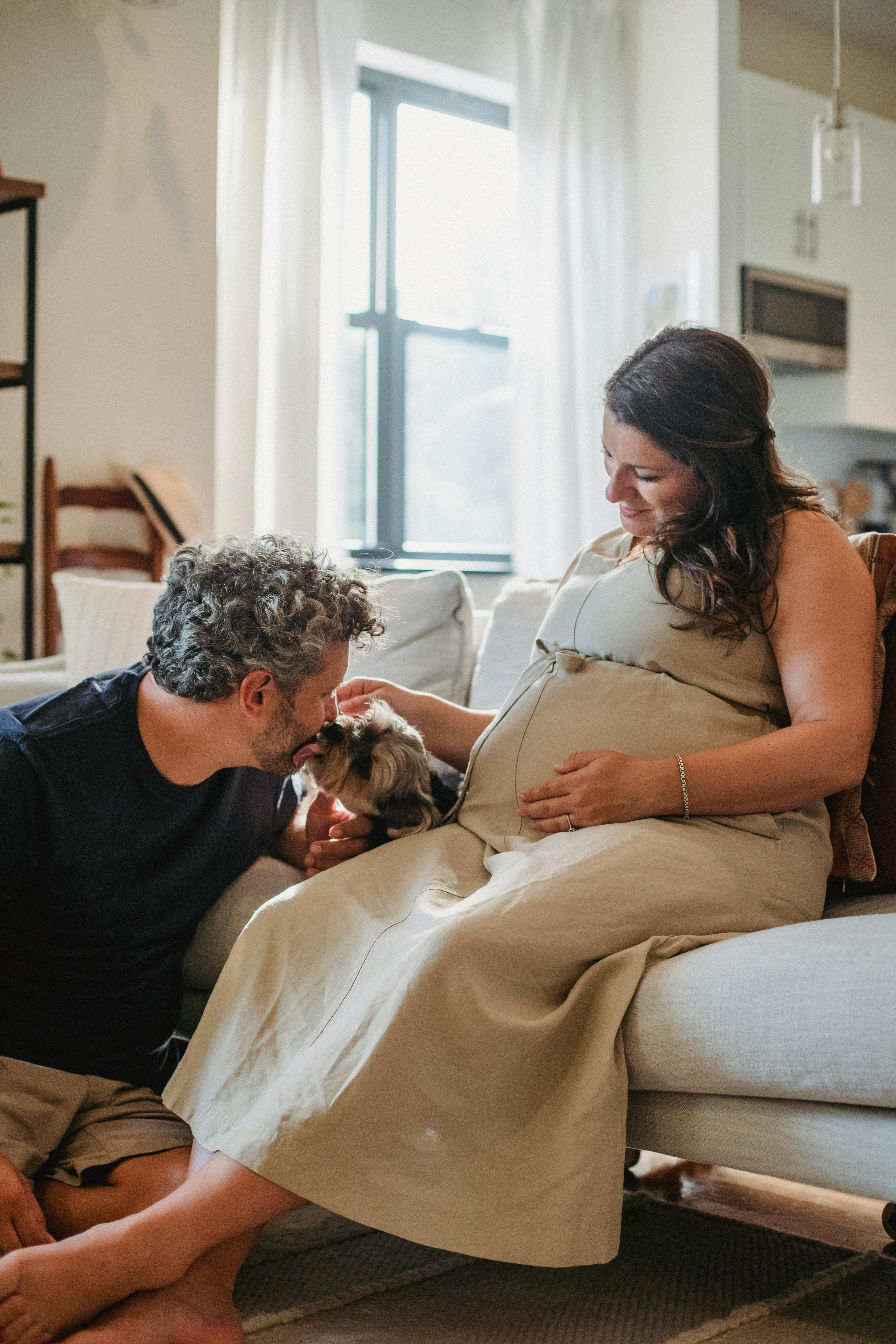 loving pregnant couple with dogs chilling on sofa