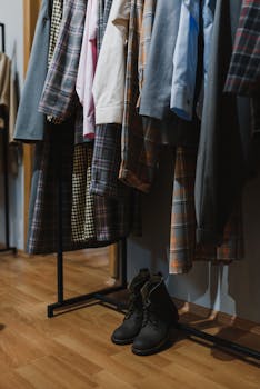 在一个舒适的室内场景中，复古格子衣服和靴子放在木地板上的架子上