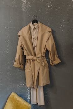 一件时尚的米色风衣挂在黑色衣架上，靠着质感质朴的灰色墙壁