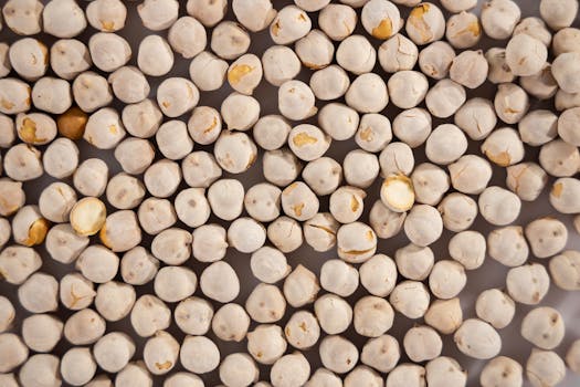 A close-up image of dried white chickpeas, perfect for healthy food concepts.