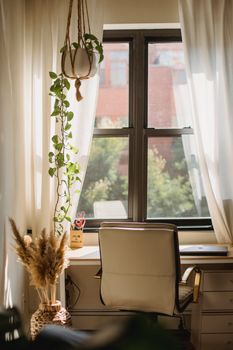 Light room with dried plant sprigs in vase against table with laptop near window in house