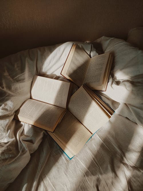 From above opened paper books placed on comfortable bed with white disheveled sheets in daylight