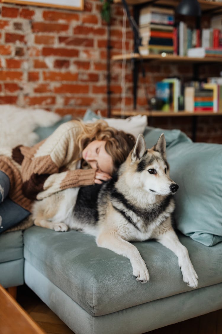 Woman Sleeping With A Dog On The Sofa