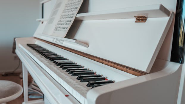 Beautiful white piano with sheet music resting on it, perfect for classical music enthusiasts.